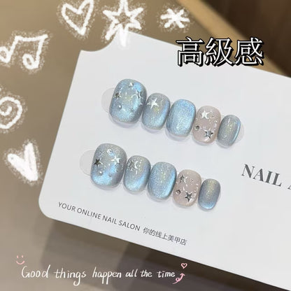 青い猫の目の星の砕いたダイヤ短い方円透明顕白着用甲