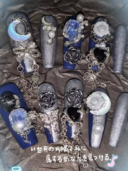 藍月蔷薇軽奢重工ダイヤモンドデザイン銀猫眼小衆神秘的高級着用甲