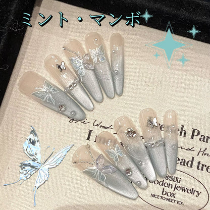 薄荷曼波軽奢細長款猫眼爆閃胡蝶砕鈷銀飾着用甲