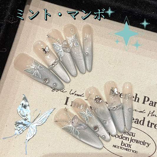 薄荷曼波軽奢細長款猫眼爆閃胡蝶砕鈷銀飾着用甲