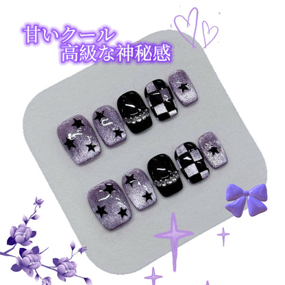 紫猫眼爆閃手画星格紋甘酷辣妹風格着用甲