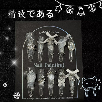 【純白の殿堂】冬シリーズ手作立体パールリボン飾りいっぱいダイヤ爆閃精緻高級細長着用甲