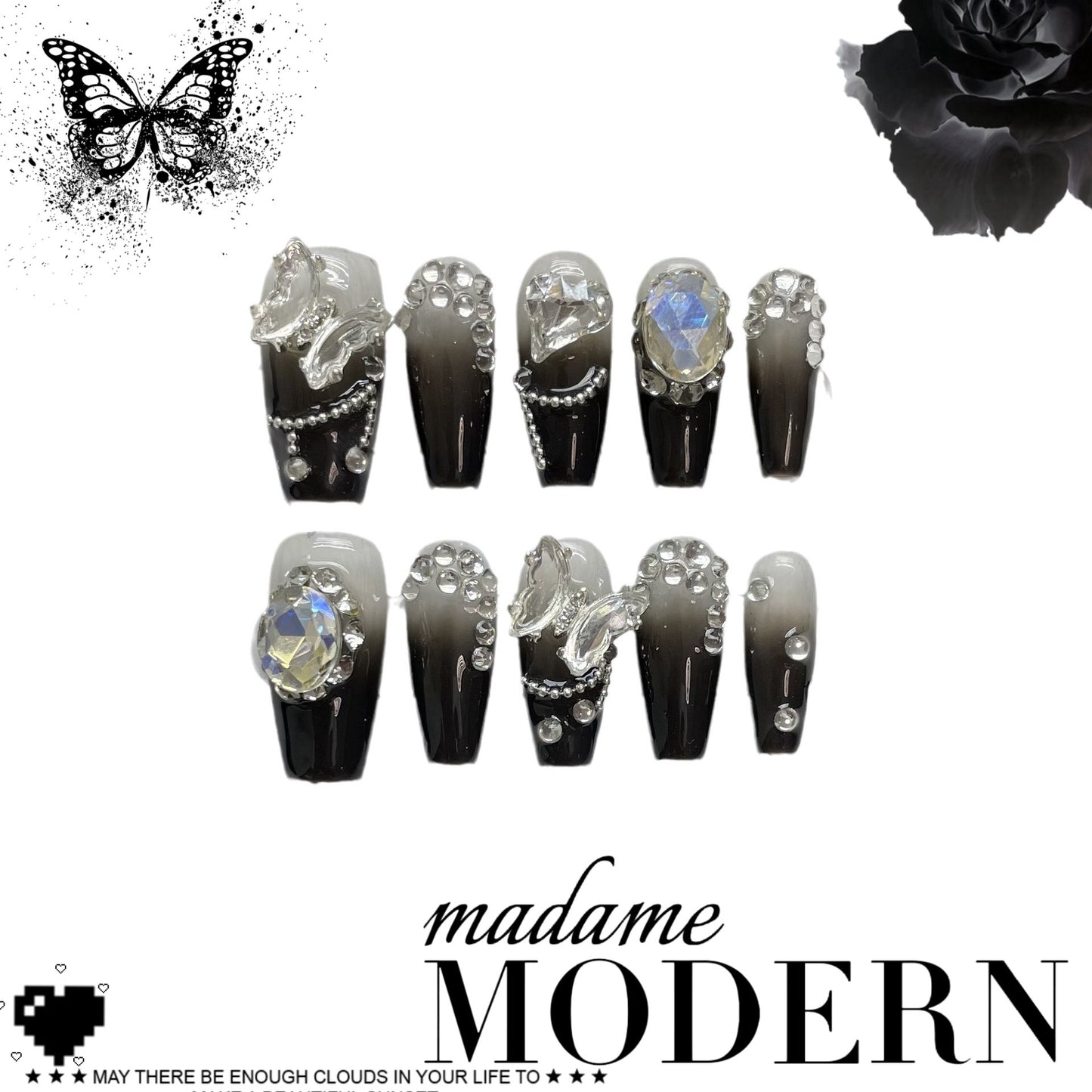 【暗夜蝶】新モデルのダイヤモンドをいっぱい飾ってダイヤ水晶蝶黒白のグラデーション長い台形を身に着け